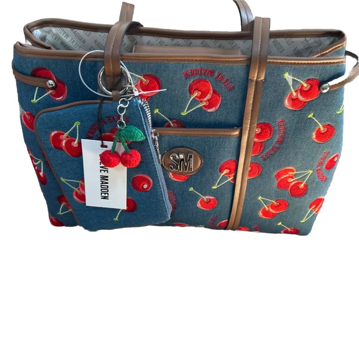 Steve Madden Denim Cherry Print Tote Bag Blue Red Embroidered Shopper with Pouch