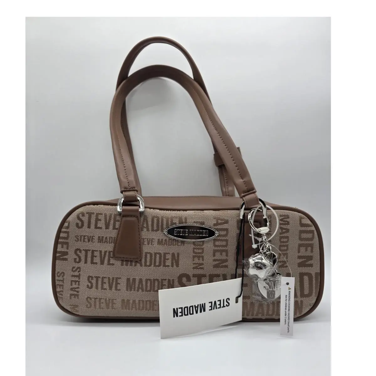 Steve Madden Brown Shoulder Bag Logo Bag Charm Silver Hardware Women