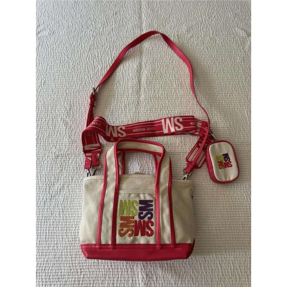 Steve Madden Briser Berry Multi Small Canvas Tote Crossbody Bag w/ 2 Straps