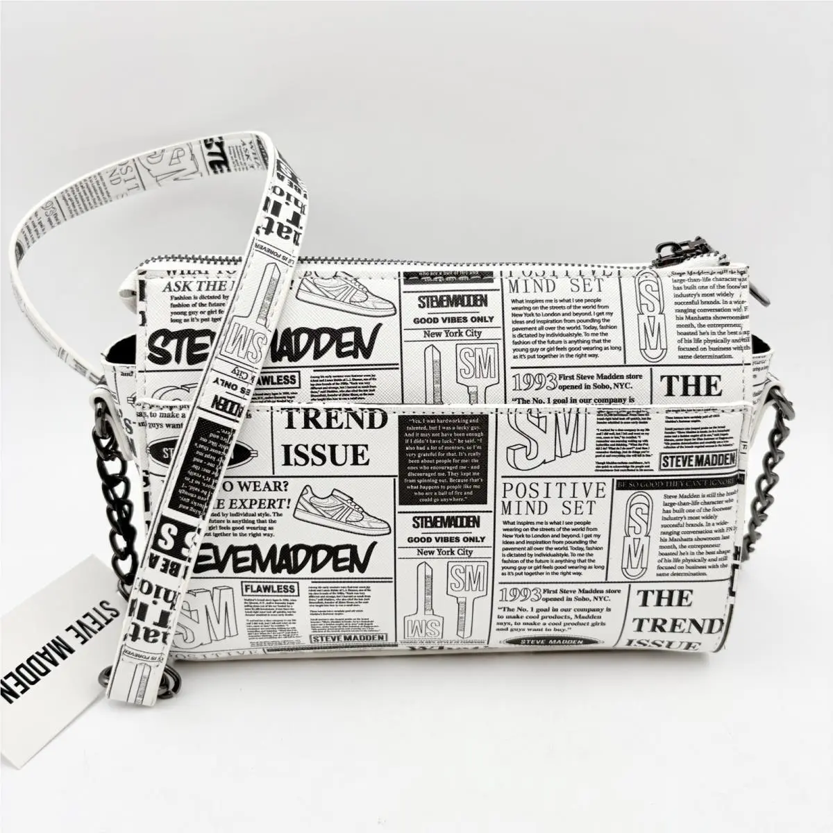 Steve Madden Newsprint Blexi Top Zip Crossbody Bag Black White Newspaper Print