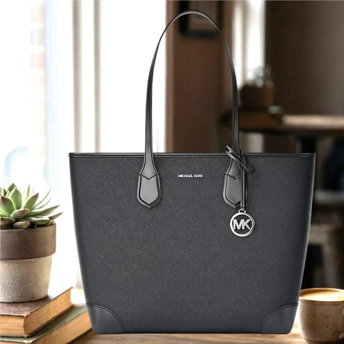 Michael Kors Eva Women Large Saffiano Leather Top Zip Shoulder Tote Bag Black