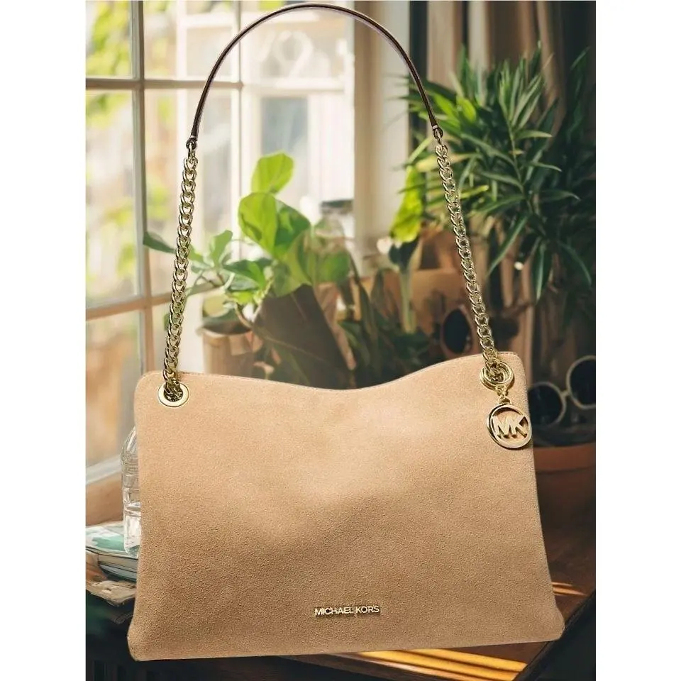Michael Kors Christina Medium Suede Leather Shoulder Messenger Handbag Camel Bag