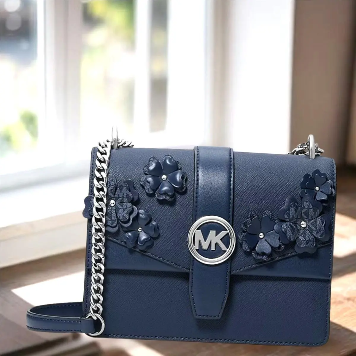 Greenwich Lady Small Embellished Logo Trim Flap Crossbody Bag Navy by Michael Kors