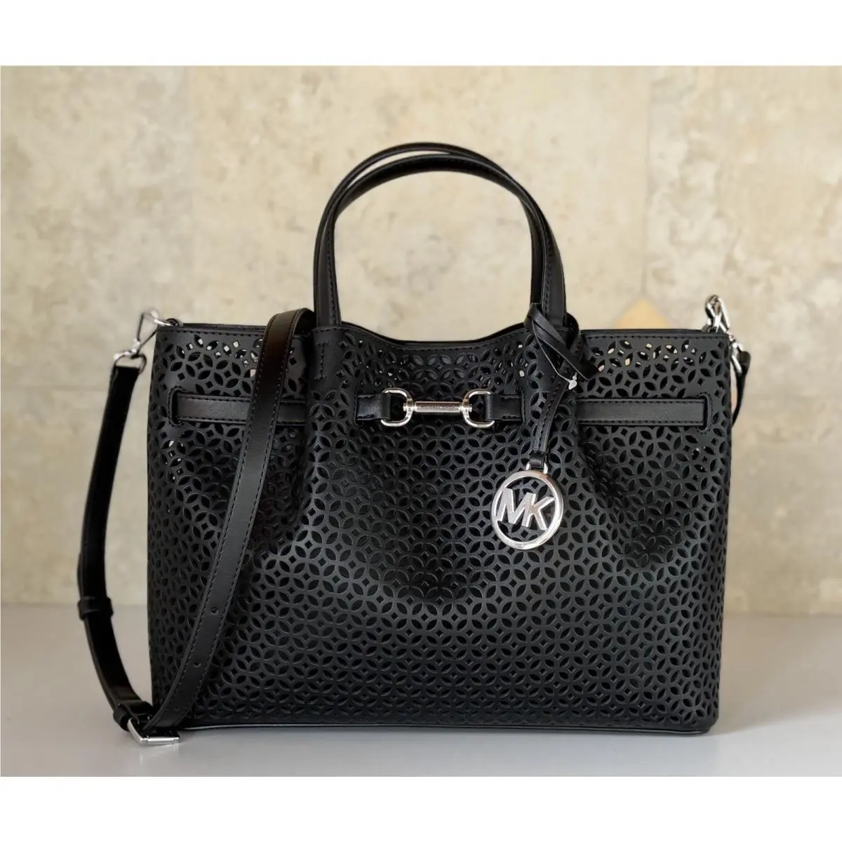 Michael Kors Carson Medium Floral Laser Cut Satchel Shoulder Crossbody Bag Black