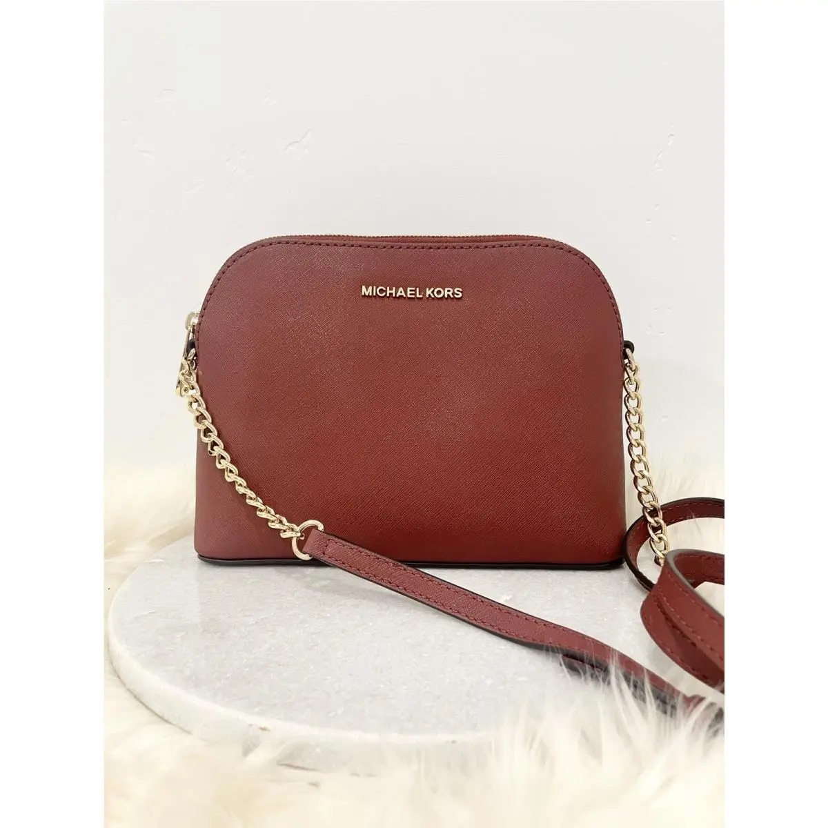 Kors Cindy Saffiano Leather Crossbody Brick Burgundy