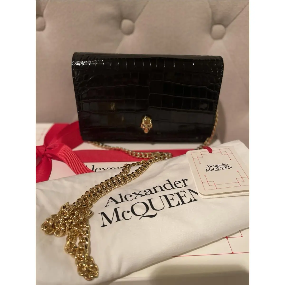 Alexander Mcqueen Black Croc Embossed Leather Skull Chain Bag Gift Box
