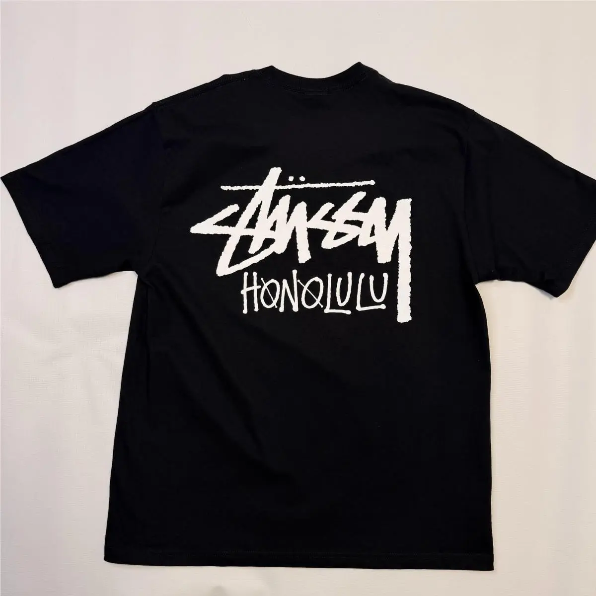Stussy Shirt Mens Large Black Honolulu Stock Graphic Tee Streetwear Back Print