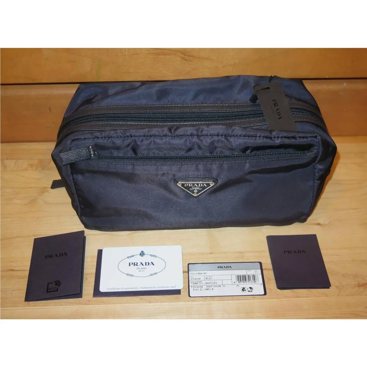 Prada Tessuto Nylon Saffiano Leather Toiletry Travel Pouch 2NA029 - Blue