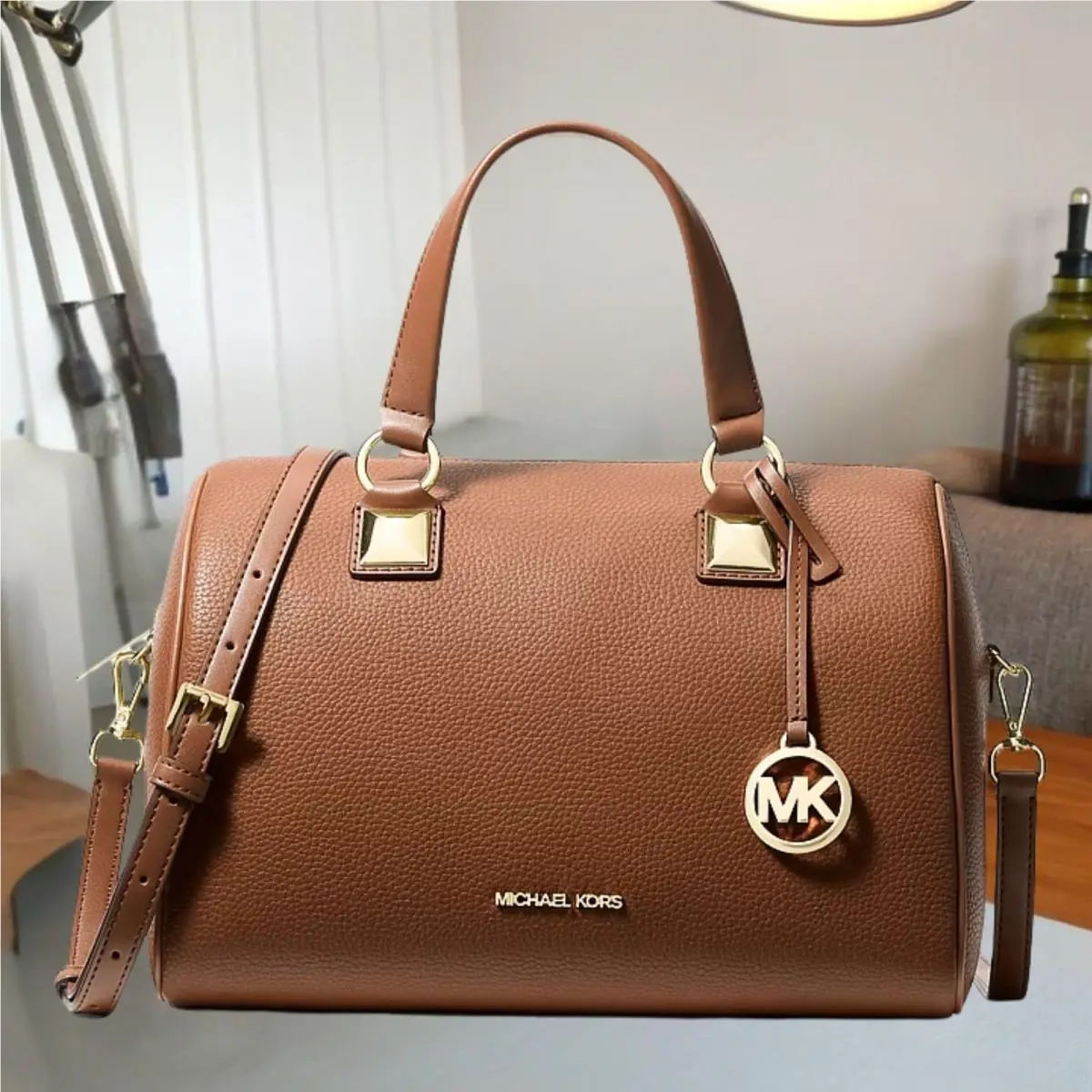 Michael Kors Grayson Women Medium Pebbled Leather Duffel Crossbody Bag Luggage