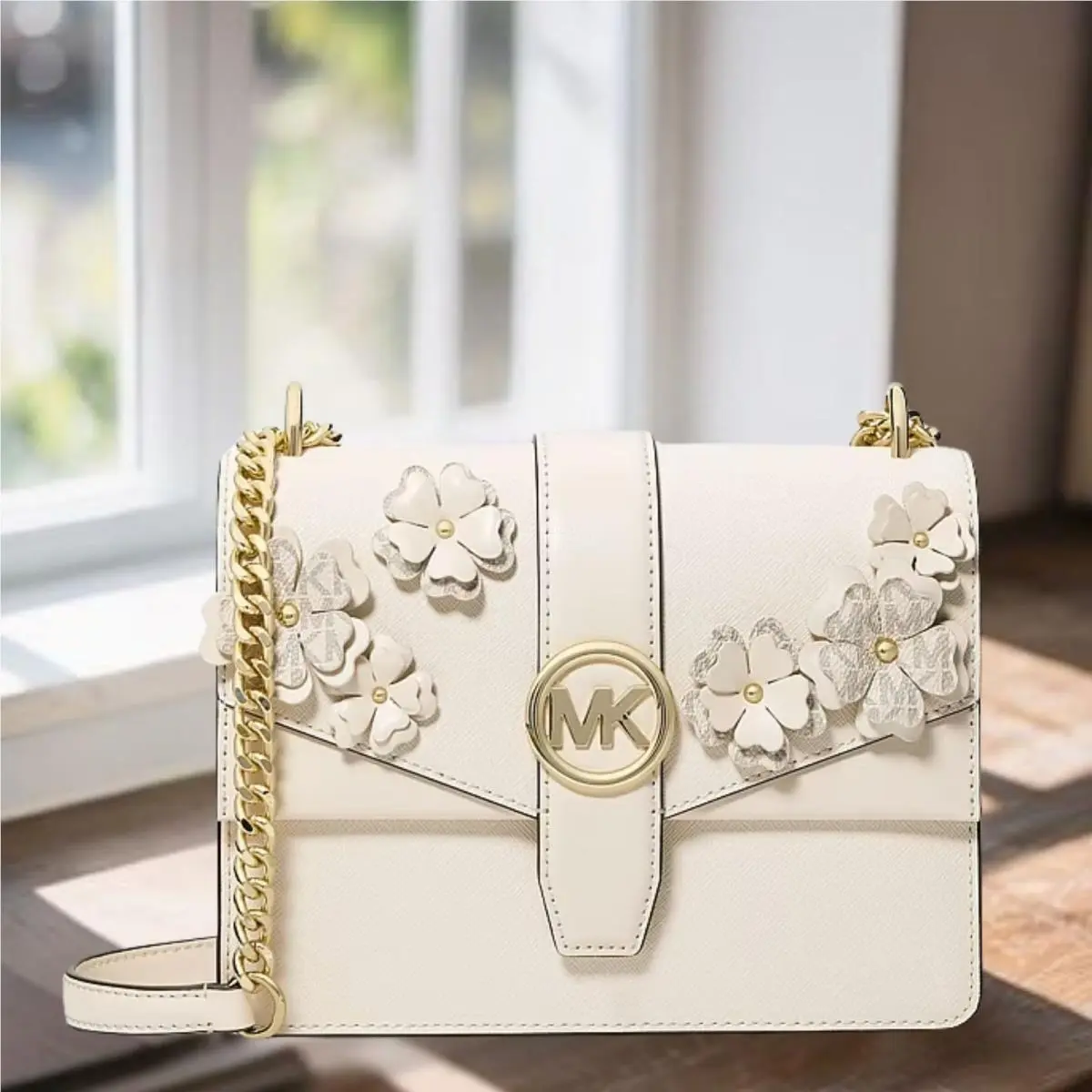 Michael Kors Greenwich Small Embellished Logo Trim Crossbody Bag Light Cream