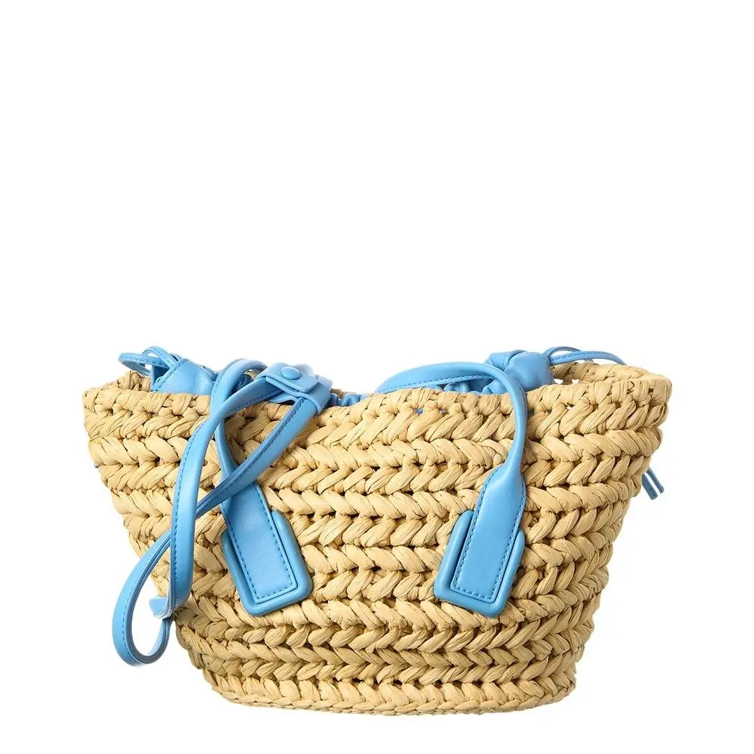 Bottega Veneta Arco Small Straw Leather Basket Tote Women`s Brown