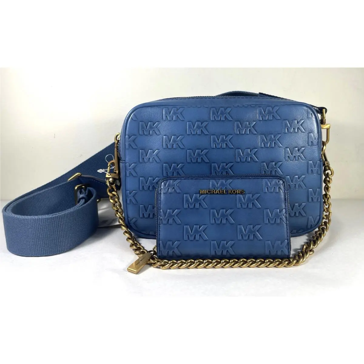 Michael Kors Bryant Medium Camera MK Leather Blue Crossbody Bag Cardcase