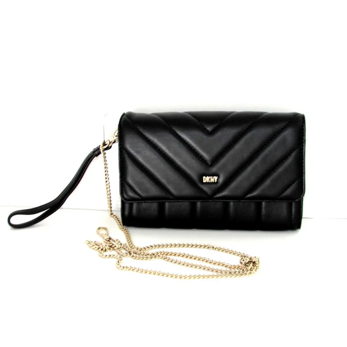 Dkny 2-in-1 Black Quilt Wrislet/shoulder Crossbody Bag Silver-tone Chain Strap