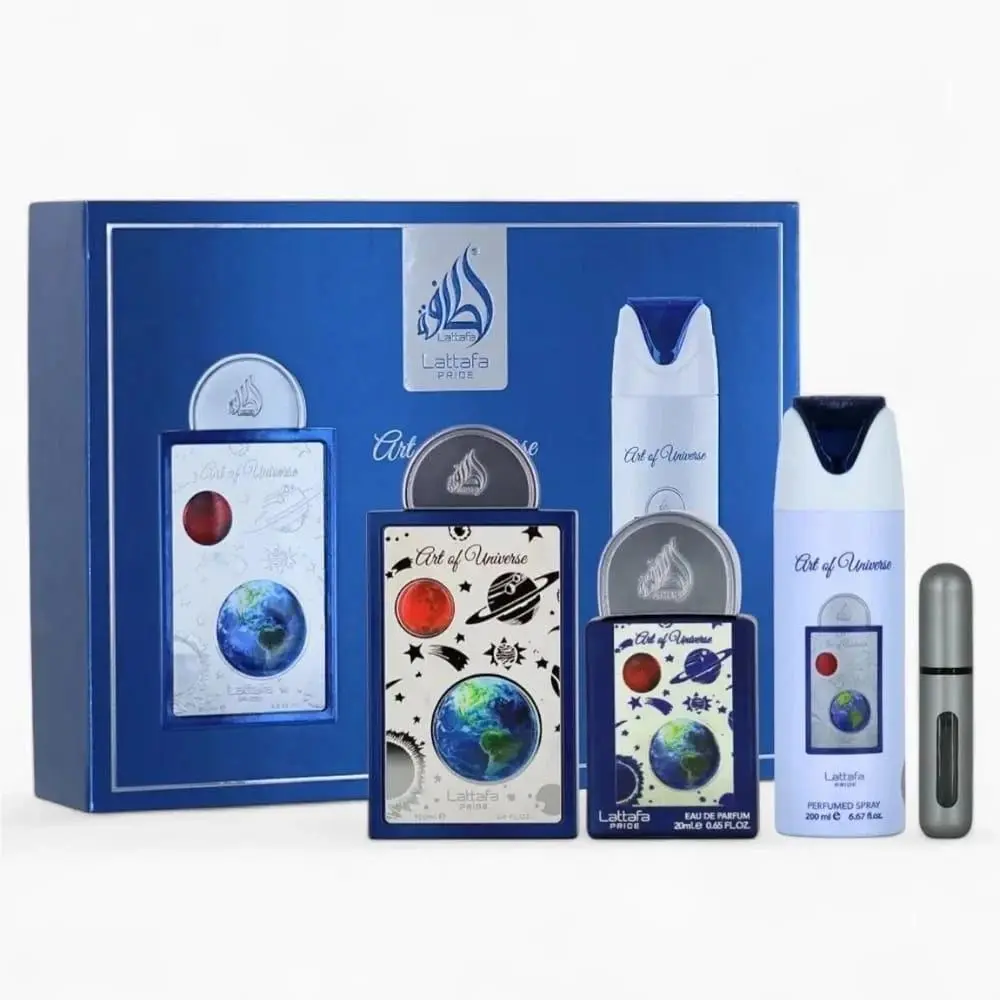 Lattafa Art of Universe 4pc Set 3.4oz Edp Spray + .65oz Mini + 6.7oz Body Spray