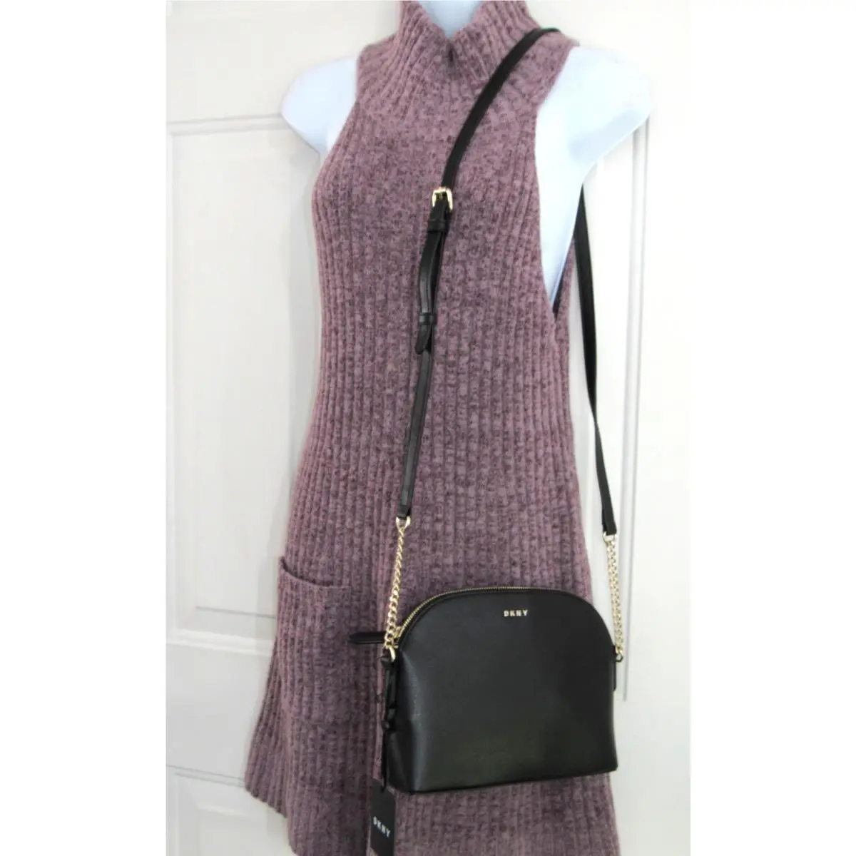 Dkny Black Saffiano Crossbody Bag Purse Gold Chain Buckle Adjustable Strap