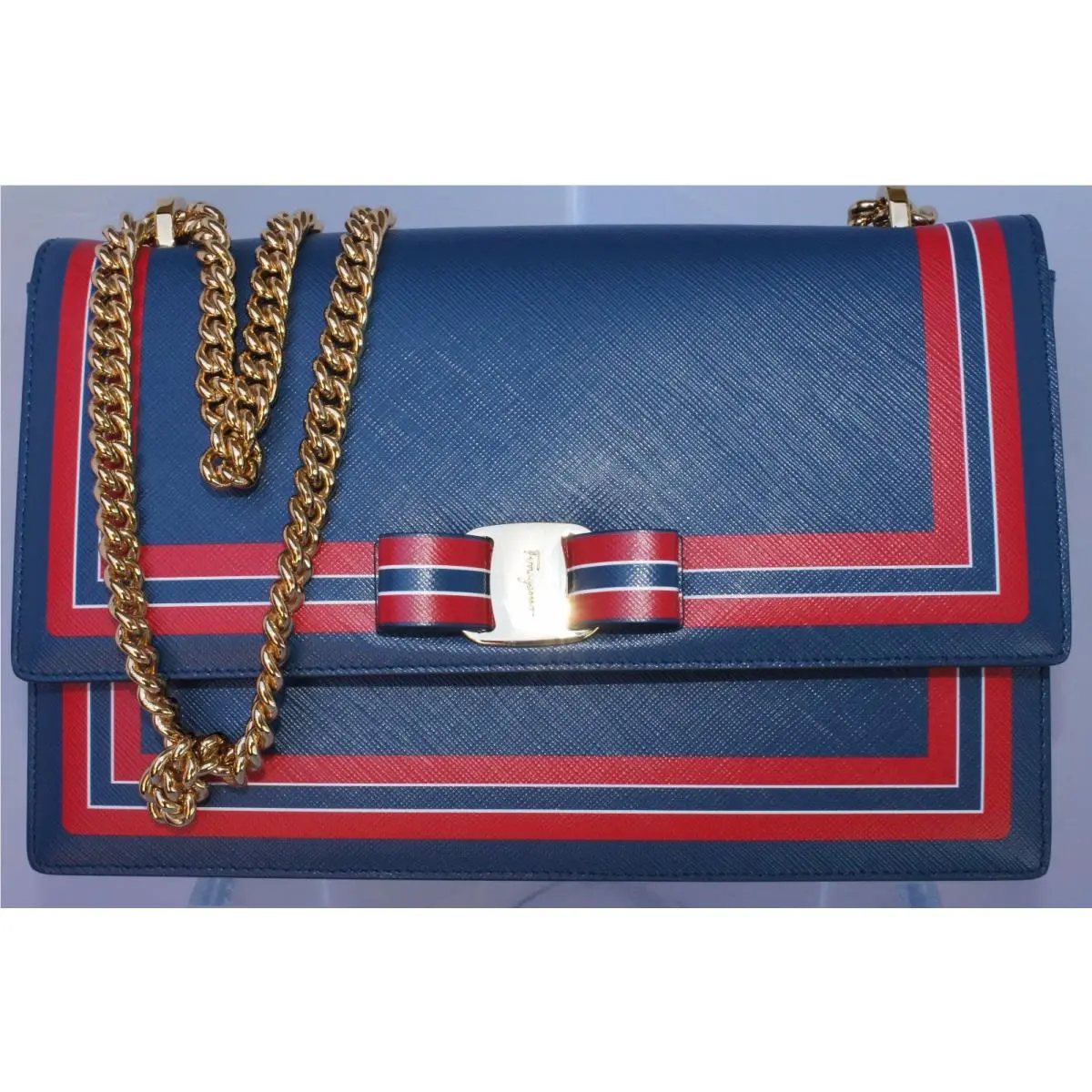 Women`s Ginny Bag Blue Saffiano Clutch Crossbody by Salvatore Ferragamo