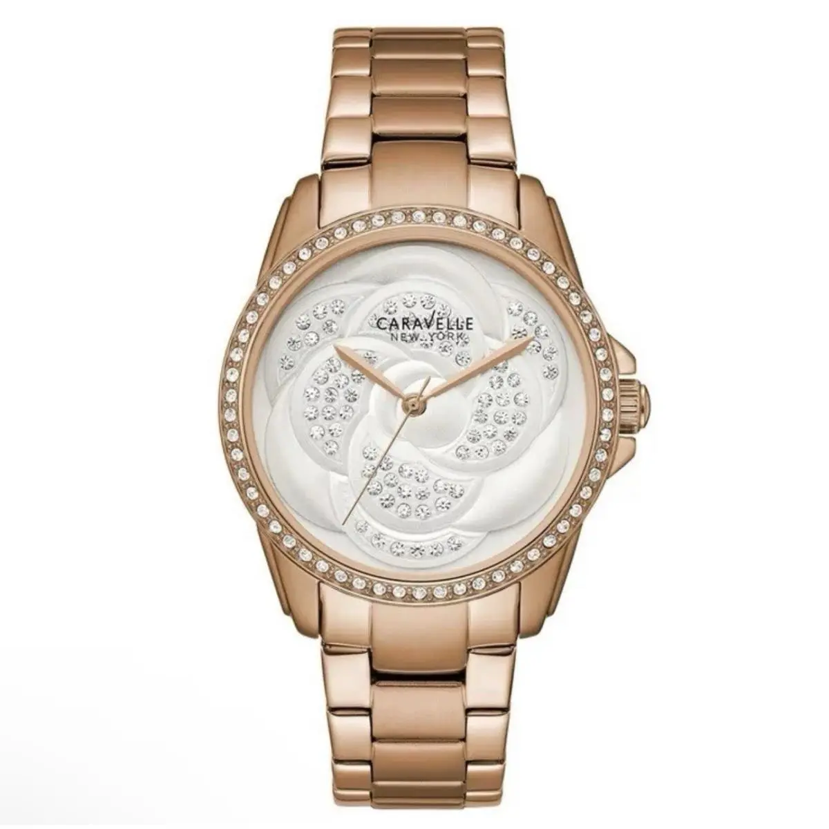 Caravelle By Bulova 44L233 Women`s Crystal Silver Tone Dial Rose Gold Watch