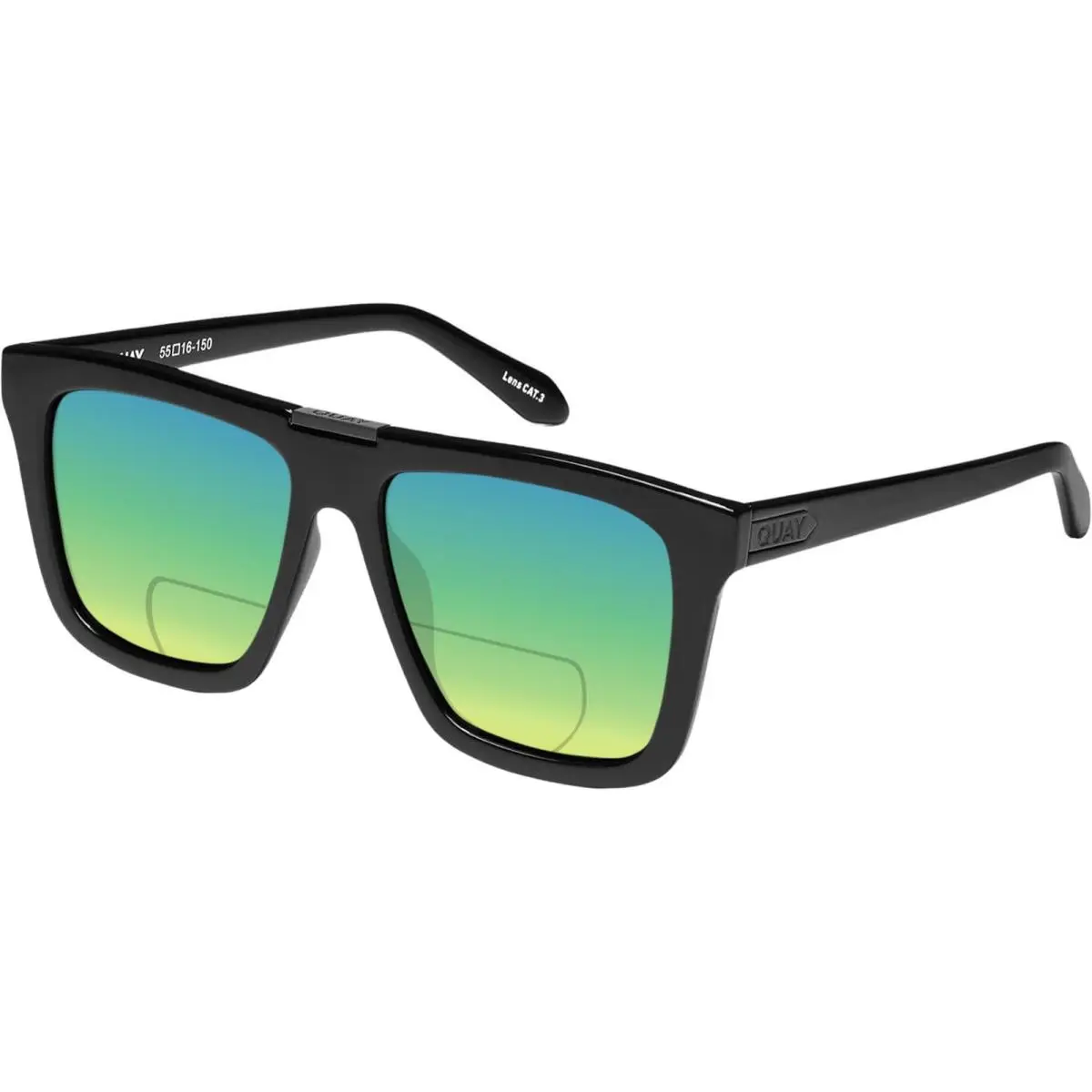 Quay Name Drop Unisex Square Polarized Bi-focal Sunglasses in Gloss Black 55 mm Green Mirror by QUAY