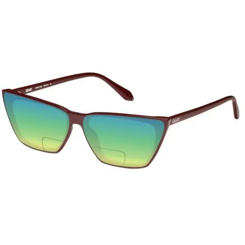 Quay Bad Habit Women`s Cat Eye Polarized Bi-focal Sunglasses in Oxblood Red 65mm Green Mirror by QUAY