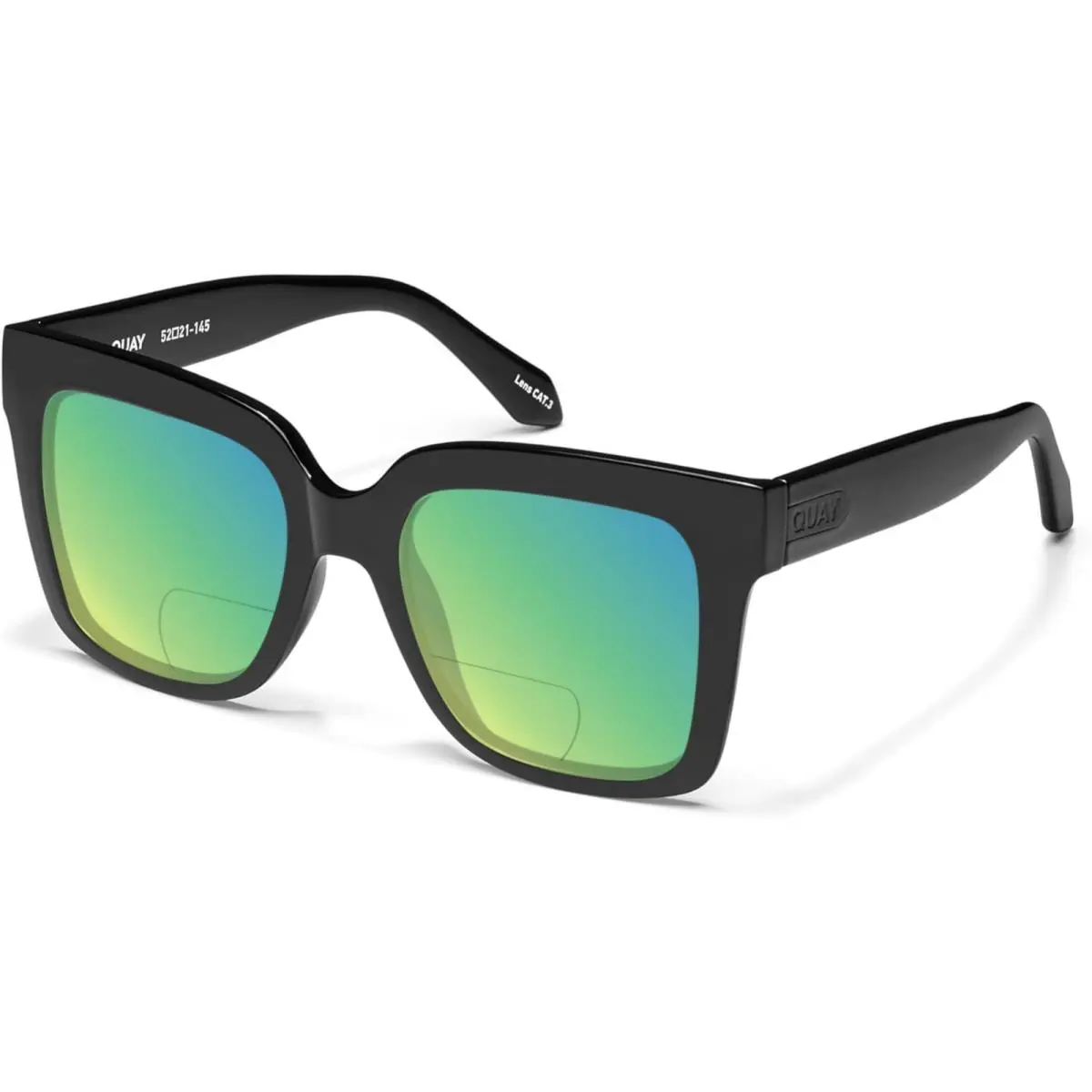 Quay Icy Women`s Square Polarized Bi-focal Sunglasses in Gloss Black 52mm 41 Opt Green Mirror by QUAY
