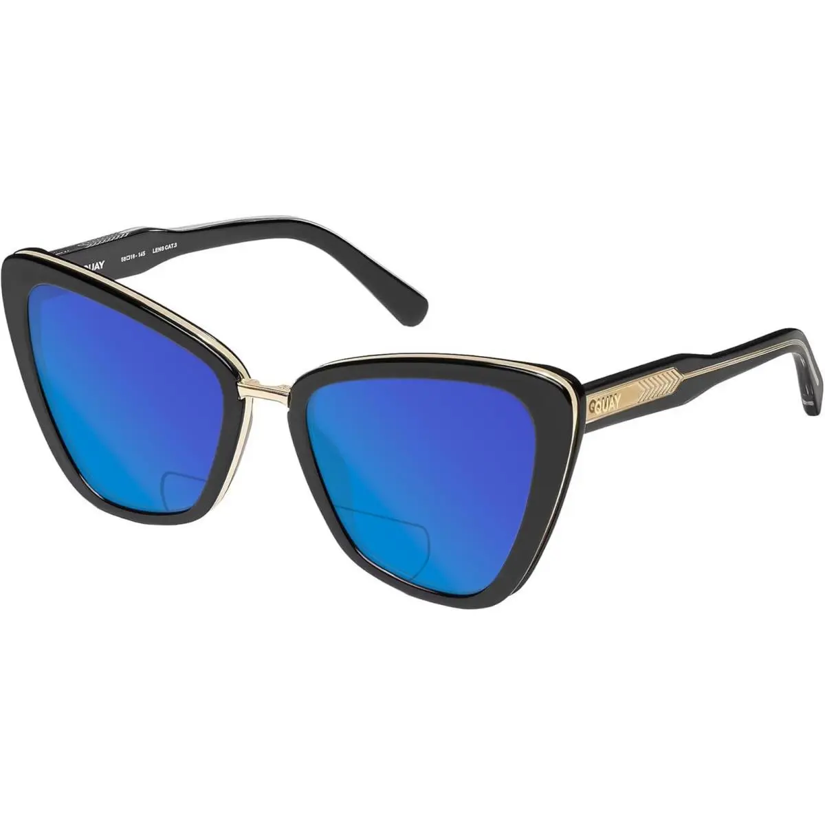 Quay All Talk Women`s Cat Eye Polarized Bi-focal Sunglasses in Gloss Black 58 mm Blue Mirror by QUAY