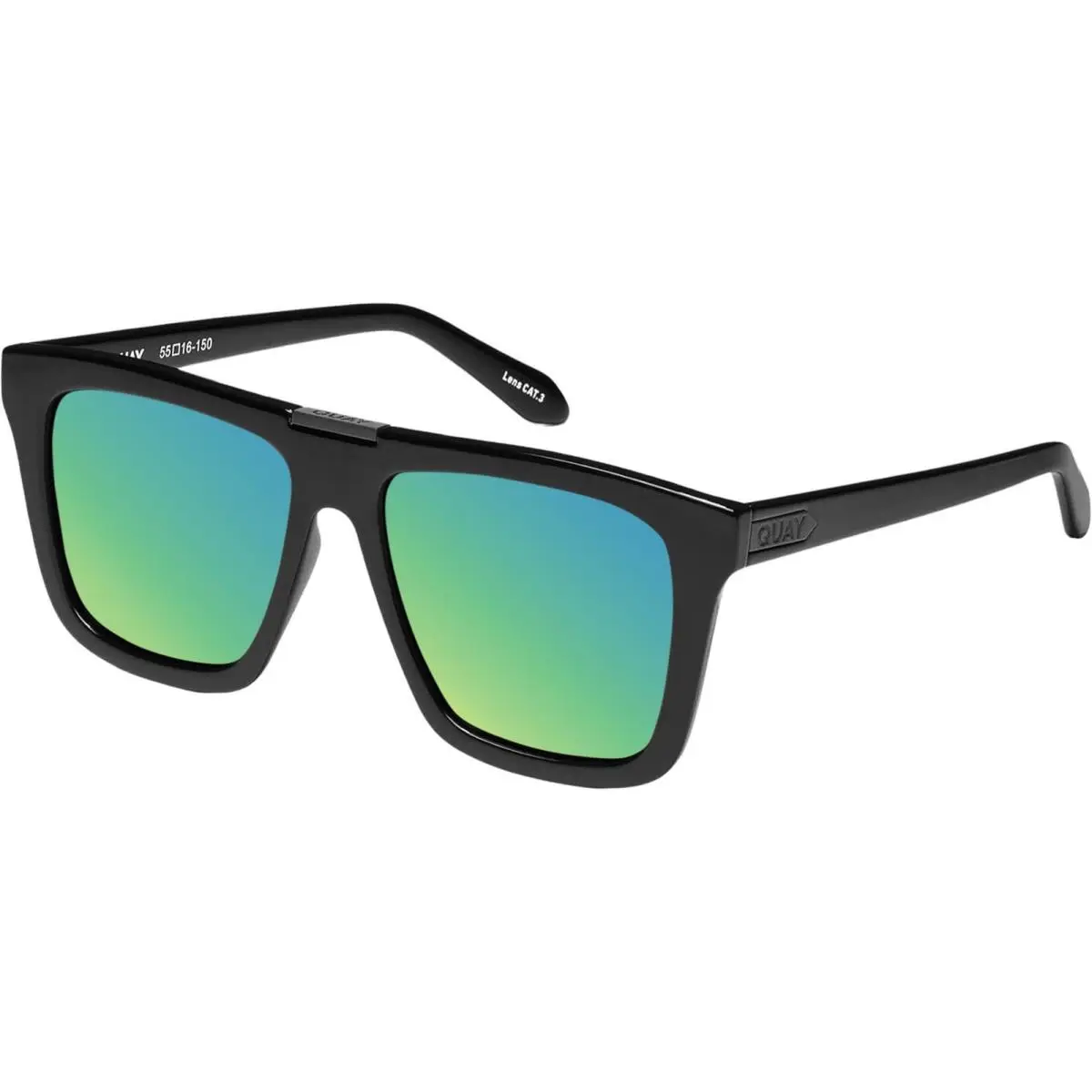 Quay Name Drop Unisex Square Polarized Sunglasses Gloss Black 55mm 4 Lens Option Green Mirror Polar by QUAY