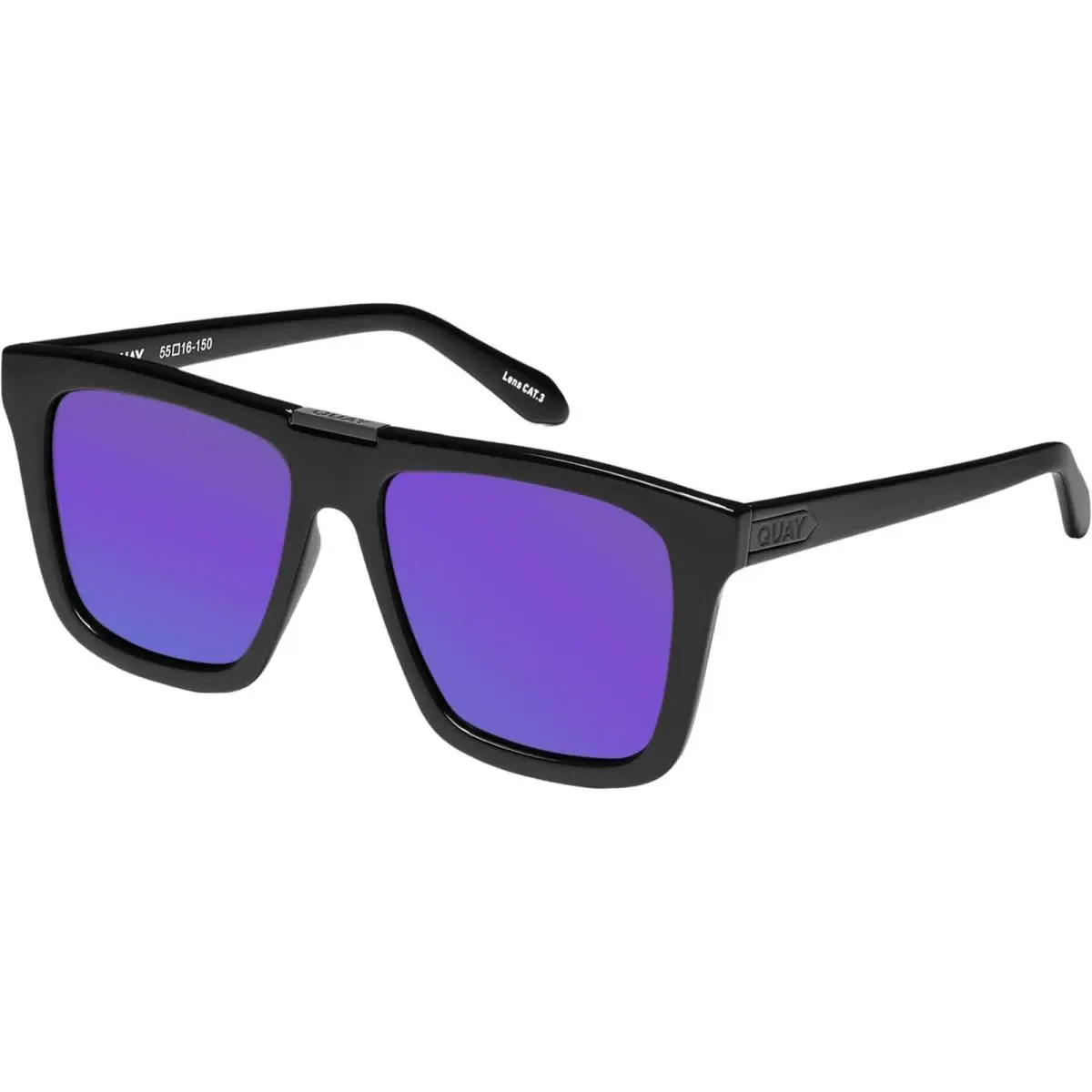 Quay Name Drop Unisex Square Polarized Sunglasses Gloss Black 55mm 4 Lens Option Purple Mirror Polar by QUAY