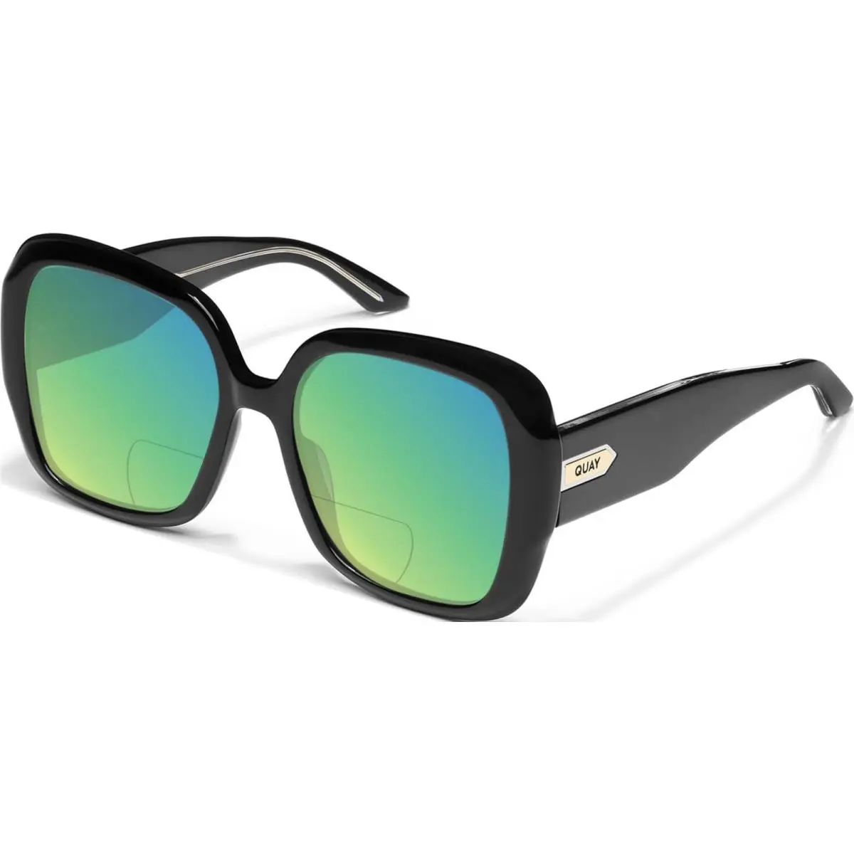 Quay Full Glam Women`s Square Polarized Bi-focal Sunglasses in Gloss Black 56 mm Green Mirror by QUAY