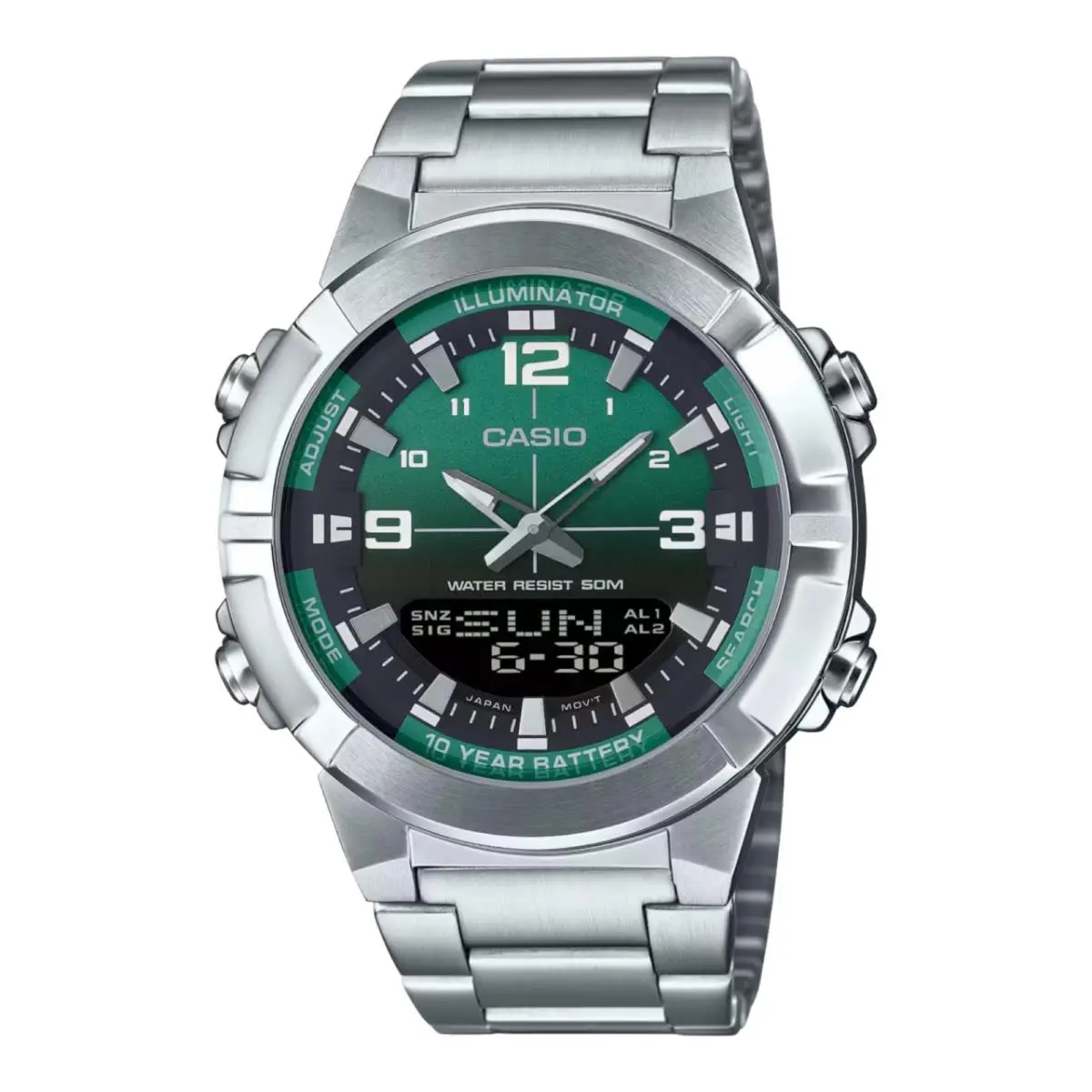 Casio Men`s Green Dial Analog Watch Stainless Steel Bracelet - AMW-870DA-3AVDF