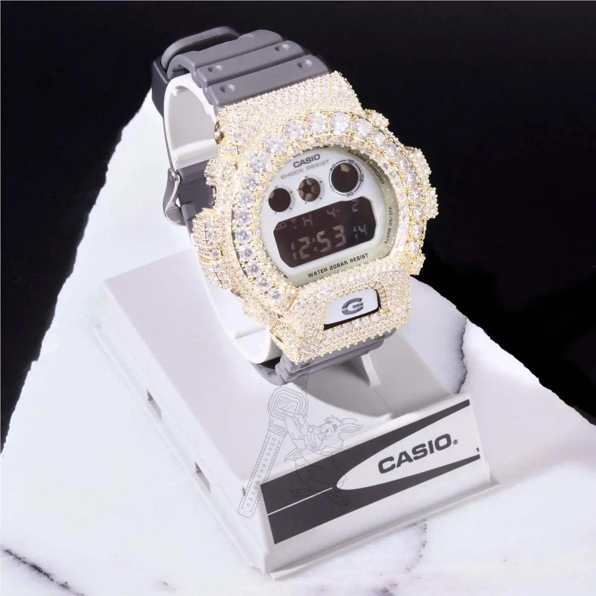 G-shock DW6900 White Iced Out Moissanite Mod D Color Vvs Men`s Watch by Casio