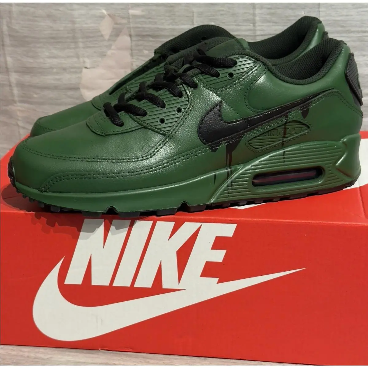 Nike Air Max 90 Ltr Custom Green/black Drip Swoosh Hand-painted Shoes CZ5594