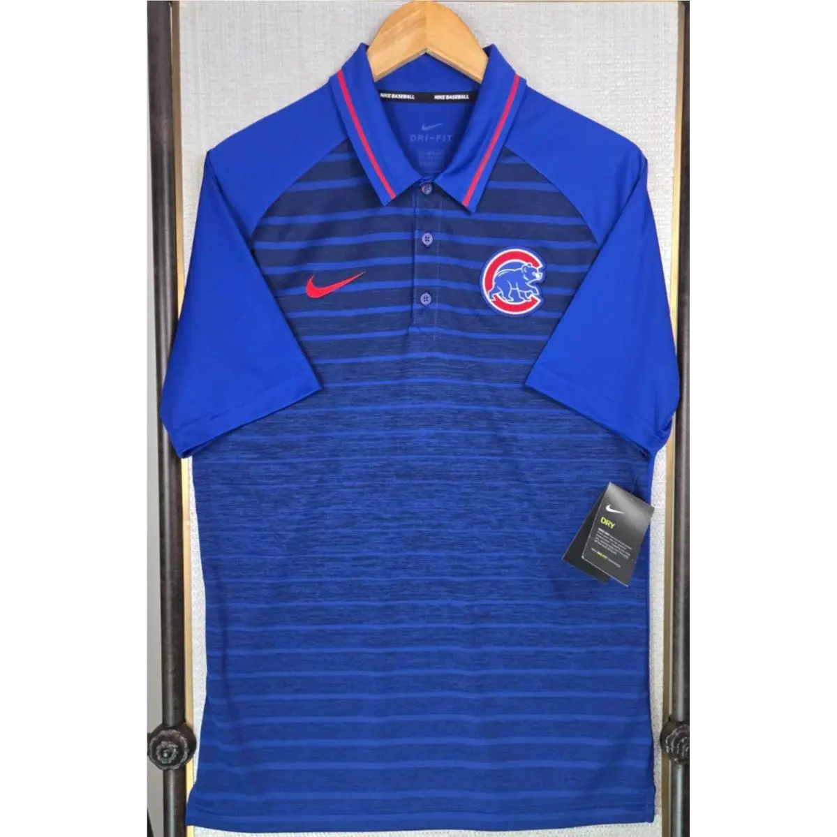 Nike Baseball x Cubs Mens Size Small Polo Shirt Wicking Blue Stripe Mlb
