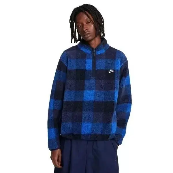 Nike Club Winterized Half-zip Fleece Plaid Pullover Top Blue FZ0896-475