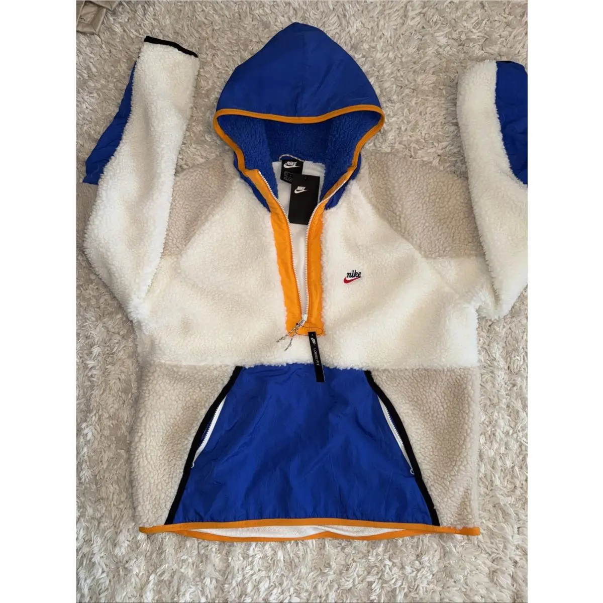 Nike Hoodie Mens Large Cream Blue Sherpa Fleece Quarter Zip Pullover Jacket