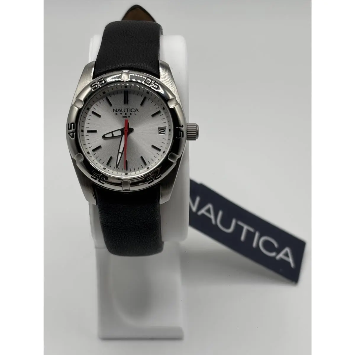 Nautica Stainless Steel Women`s Watch Black Leather Band H2O Resist 50m N06526L