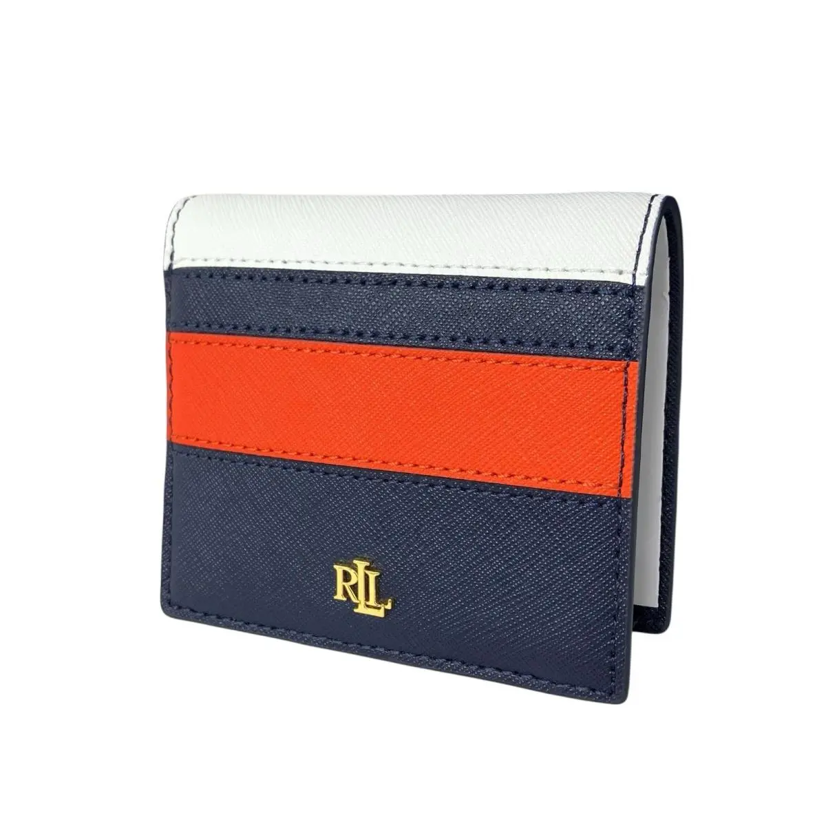 Ralph Lauren Wallet Womens Navy Blue Leather Compact Bifold Card Holder Striped