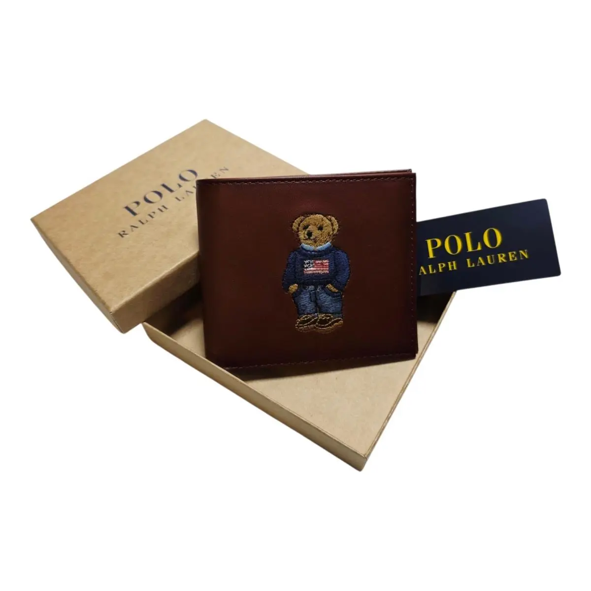 Polo Ralph Lauren Polo Bear Flag Wallet Brown Leather Billfold Gift Box