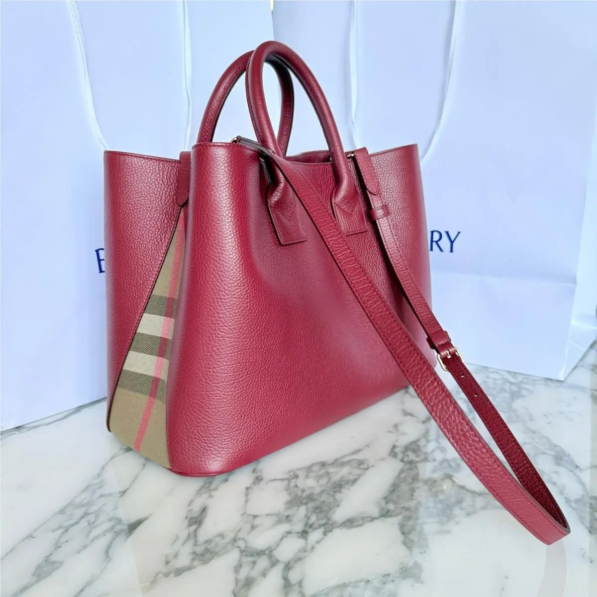 Burberry Medium Bermondsey Tote Antique Red Grain Leather Vintage Check Bag