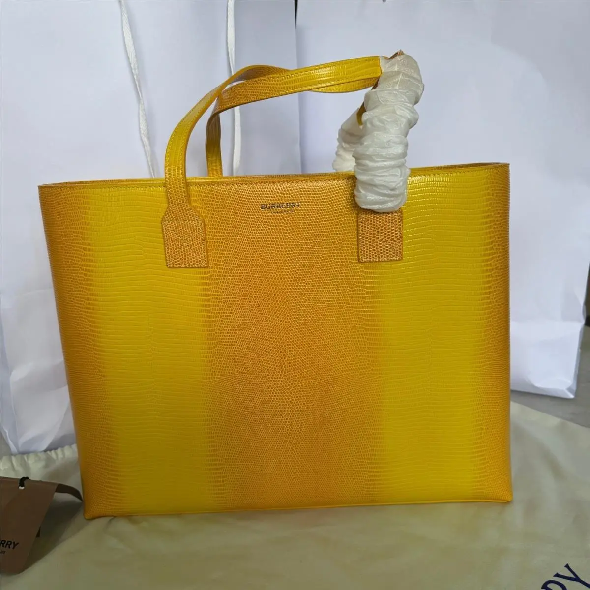 Burberry London Tote Bag Yellow Lizard Embossed Leather Shopper Handbag