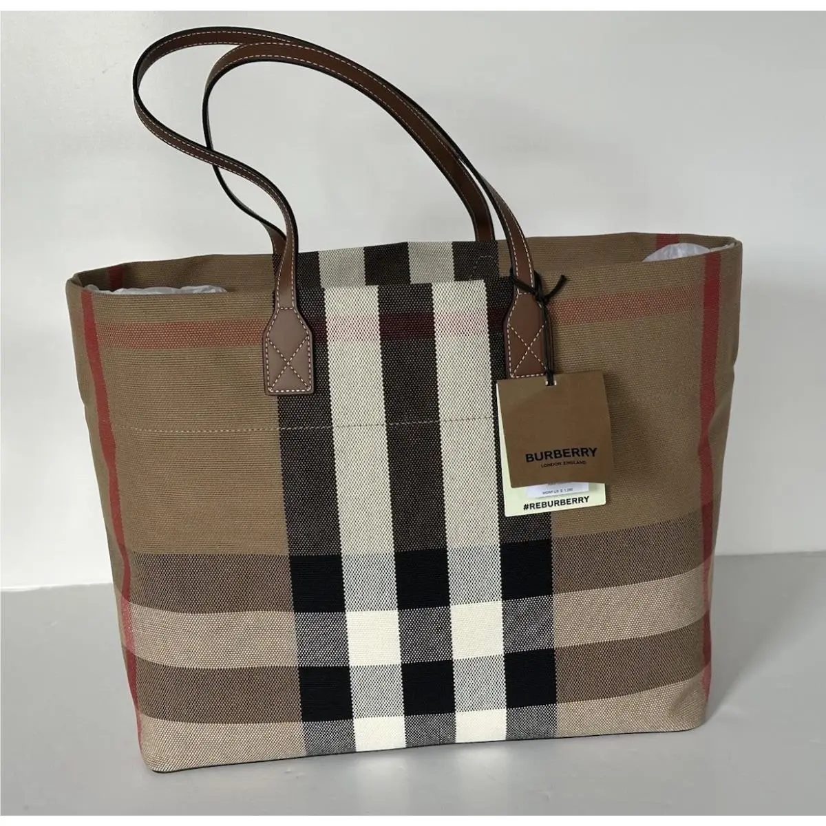 Burberry Check Canvas Medium London Tote Bag Taupe Brown Check 8120499
