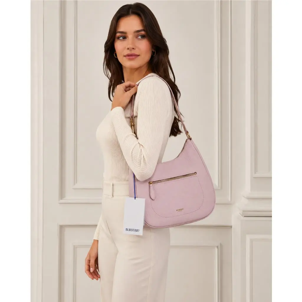 Burberry Luxury Lilac Pink Leather Check Handle Shoulder Bag Handbag