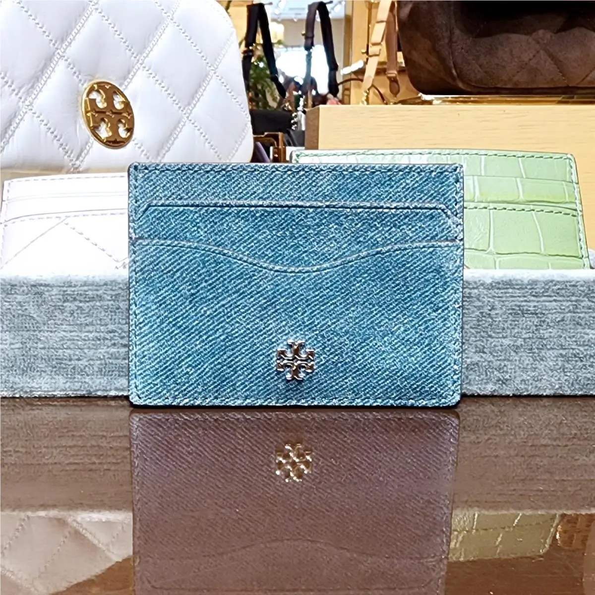 Limited Release Tory Burch Emerson Dark Denim Suede Slim Card Case 175879