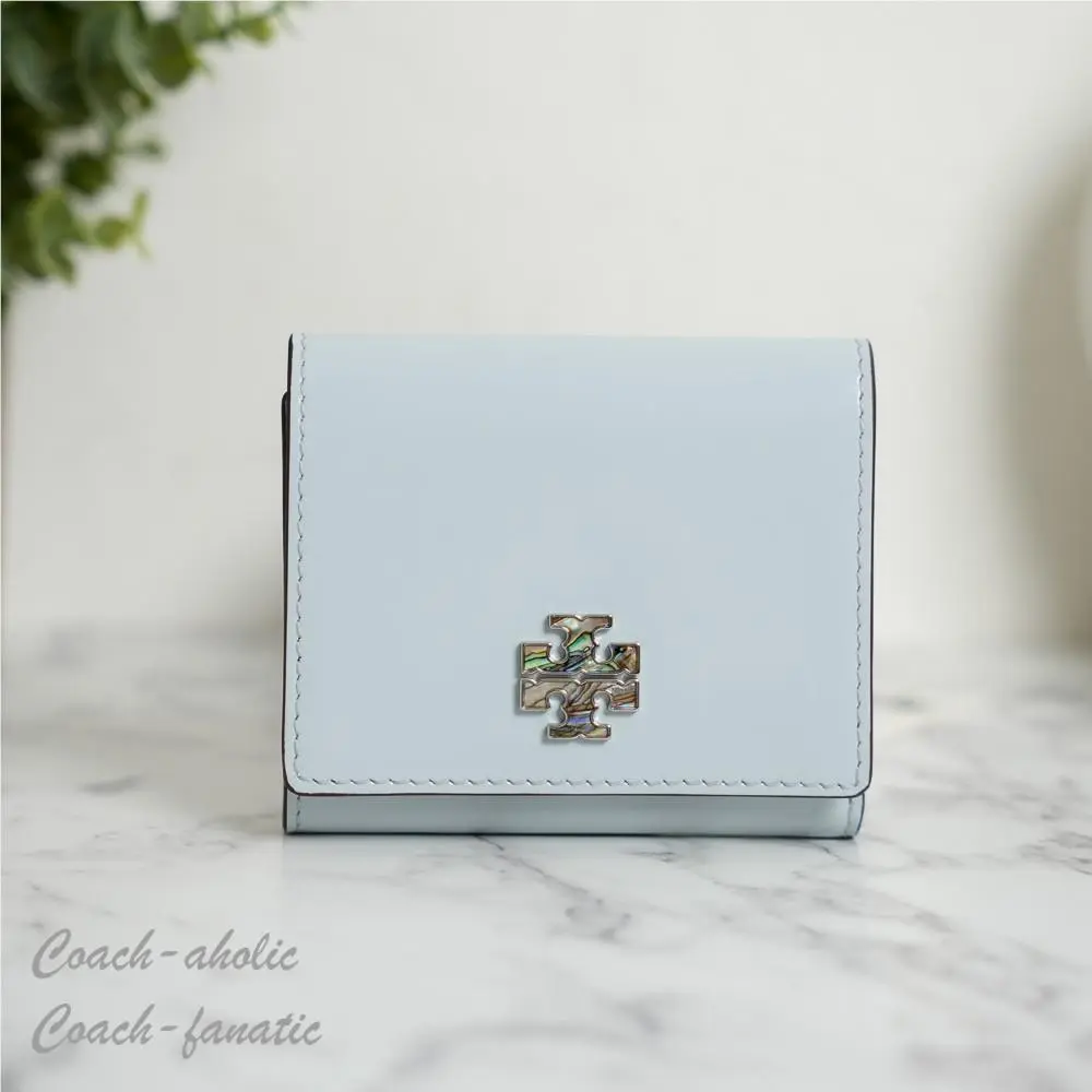 Tory Burch Britten Smooth Leather Compact Wallet in Light Sea