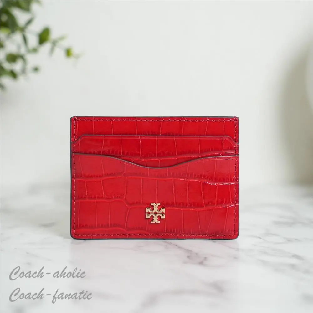 Tory Burch Emerson Embossed Croc Slim Card Case in Red Sky