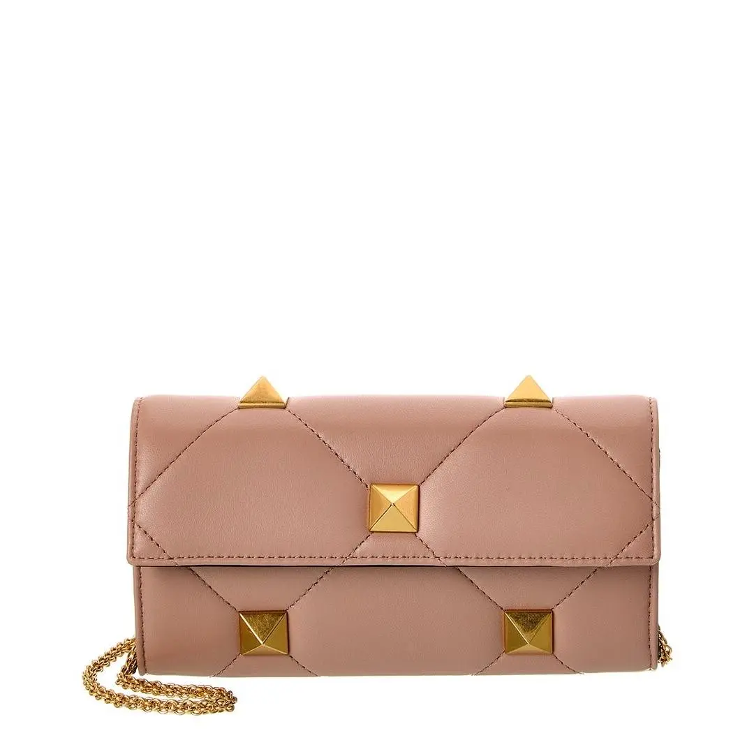 Valentino Roman Stud Leather Wallet On Chain Women`s Pink
