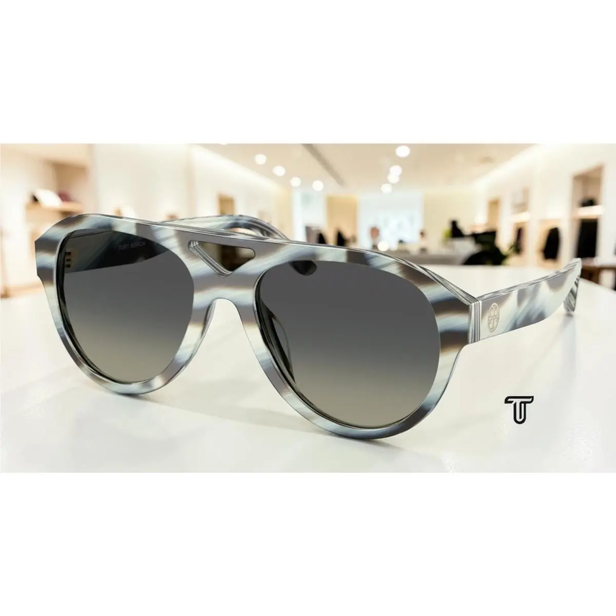 Tory Burch TY7233U 194211 Blue Ivory Horn Grey Grad Grey 55mm Women`s Sunglasses