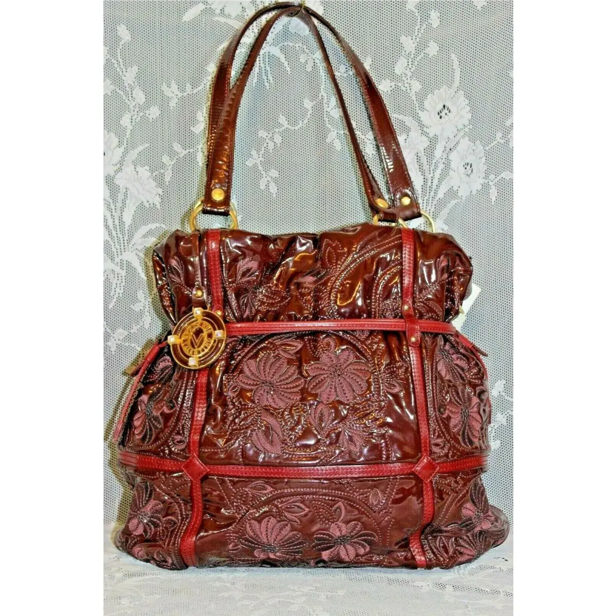 Valentino Orlandi Italian Patent Leather w Flowers Swarvoski Elements Bag
