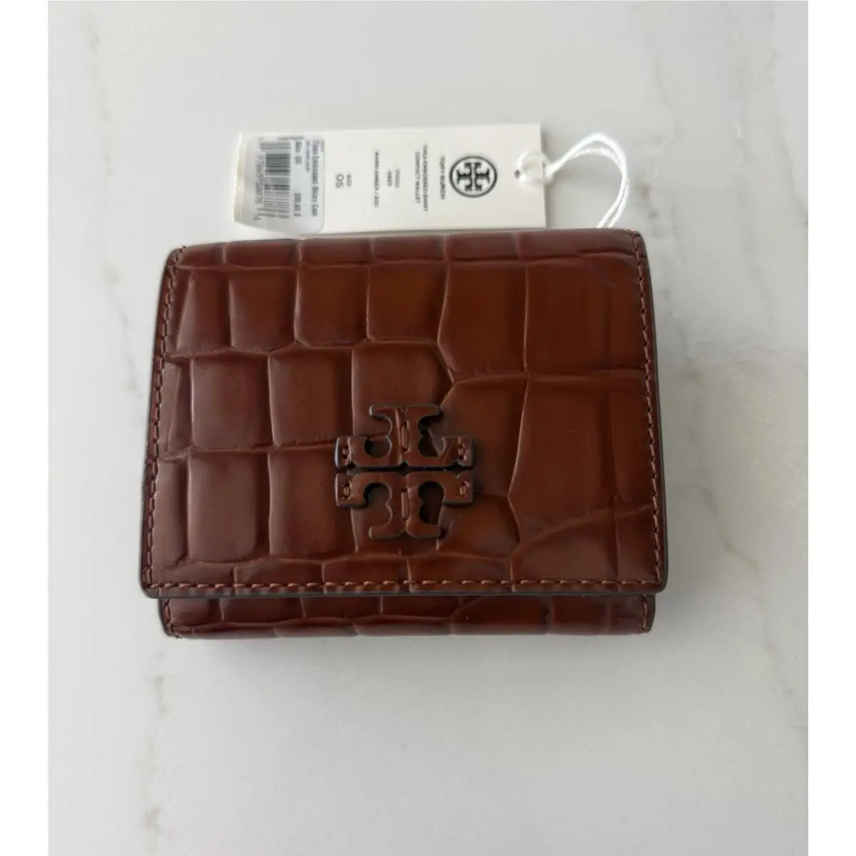 Tory Burch Thea Croc Embossed Shiny Compact Wallet Warm Amber