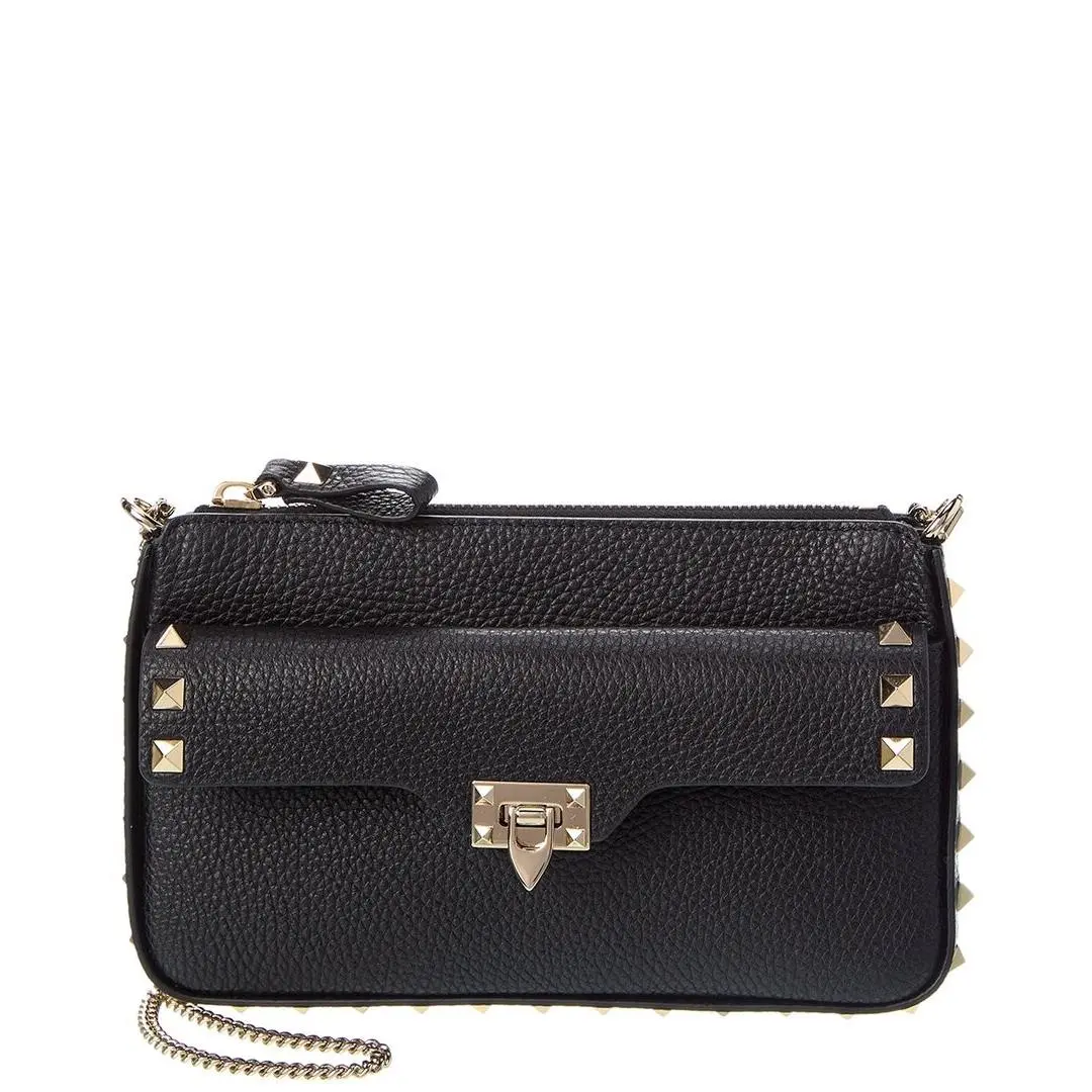 Valentino Rockstud Grainy Leather Wallet On Chain Women`s Black Os