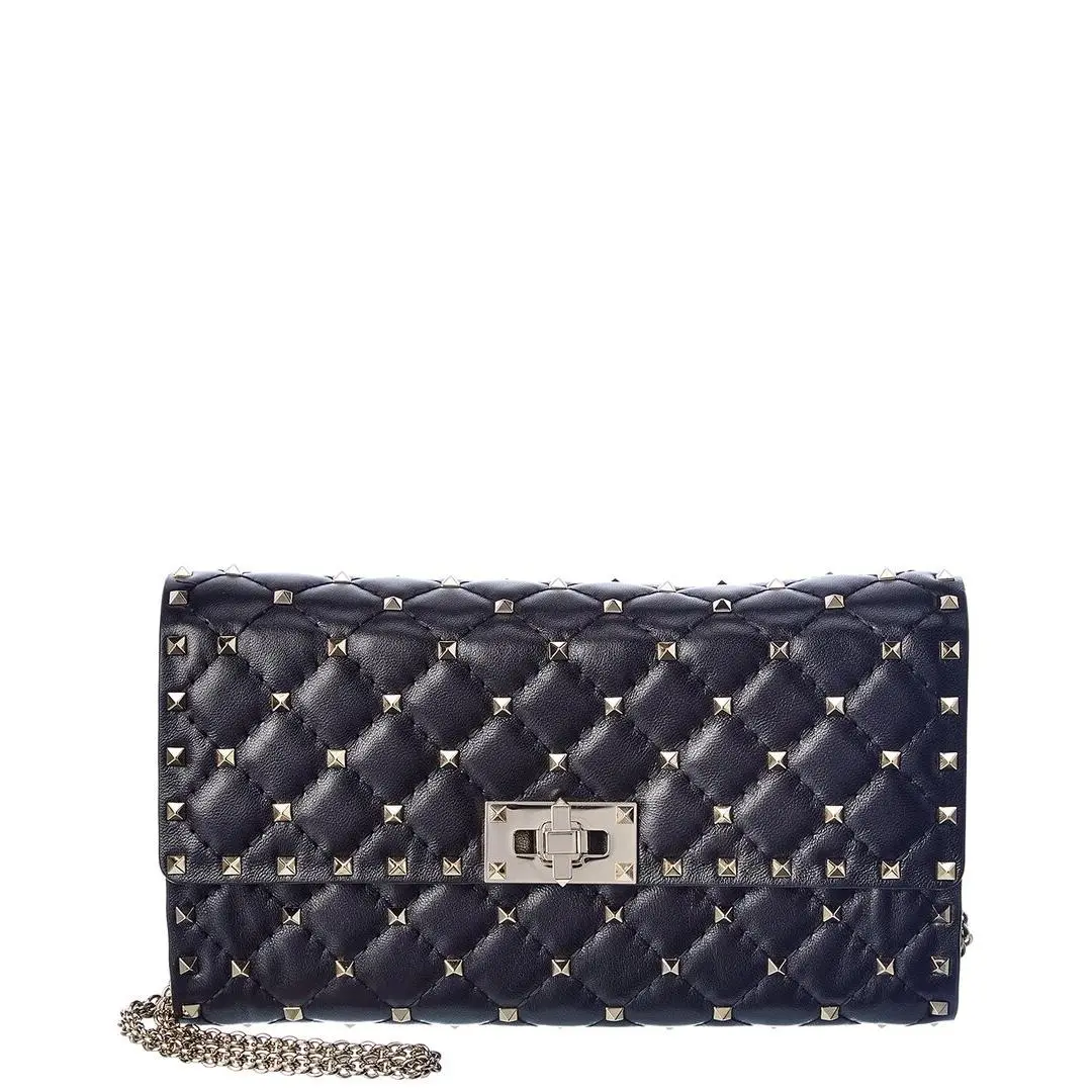Valentino Rockstud Spike Leather Wallet On Chain Women`s Black